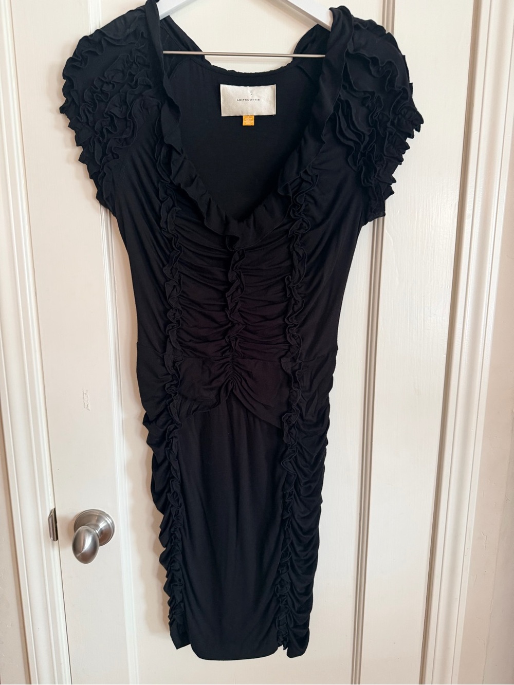 leifsdottir Anthropologie Black Ruched Midi Dress with Ruffle Detail small